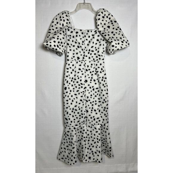 TRUE VIOLET PUFF SLEEVE SQUARE NECK MIDI DRESS IN MONO SPOT PRINT Size 6 NWT - Picture 4 of 10